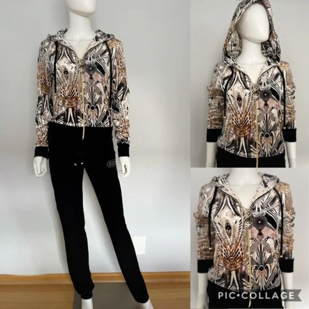 NWT WOMEN VELOUR TRACKSUIT 2PC SET HOODED JACKET/BLACK‎ PANTS LOUNGEWEAR JOGGERS
